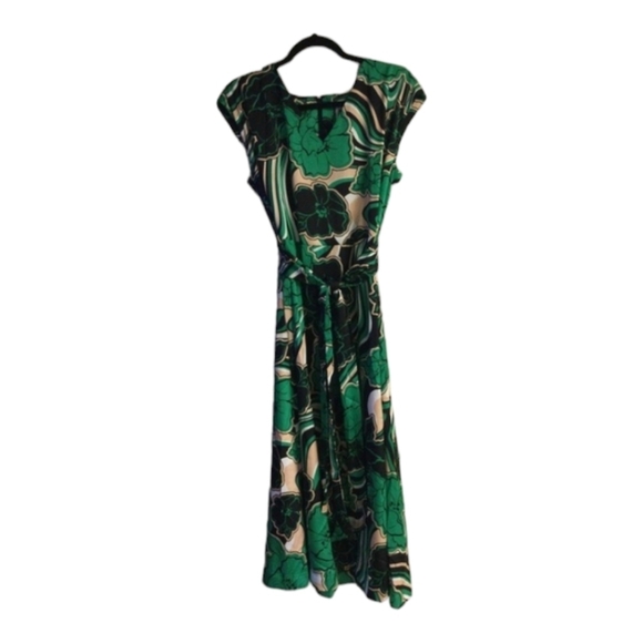NWT Anne Klein Emerald Abstract Floral Belted Midi Dress - Picture 3 of 7